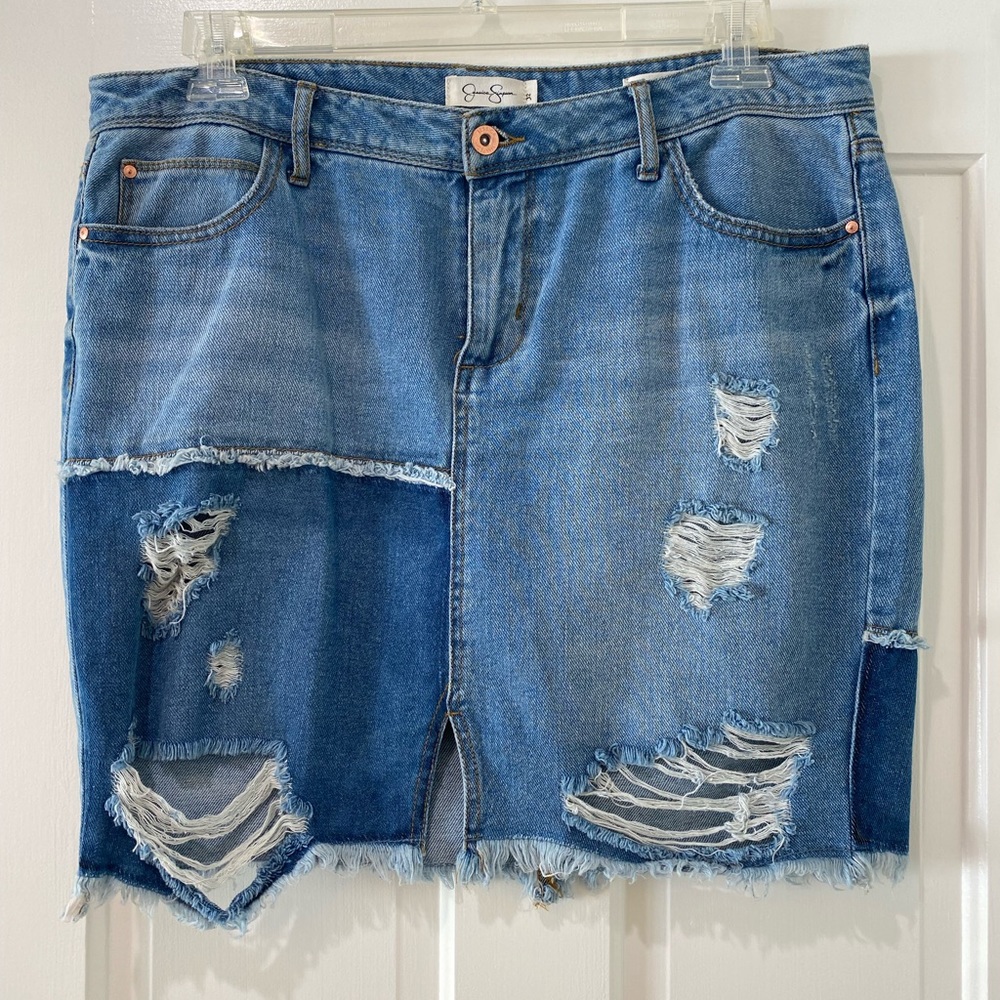 Jessica Simpson Adored High rise Distressed Denim jeans shirt mini skirt